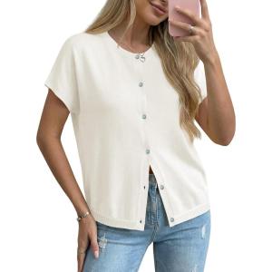 Saodimallsu Womens Oversized Cardigans Summer Short Sleeve Lightweight Knit Button Down Crew Neck Casual Sweater Tops(White)