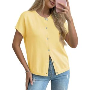 Saodimallsu Womens Oversized Cardigans Summer Short Sleeve Lightweight Knit Button Down Crew Neck Casual Sweater Tops(Yellow)