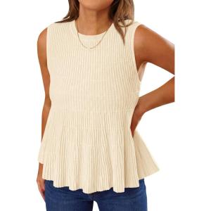 Saodimallsu Womens Peplum Ribbed Tank Tops Cute Sleeveless Knit Ruffle Crew Neck 2026 Summer Sweater Vest(Beige)
