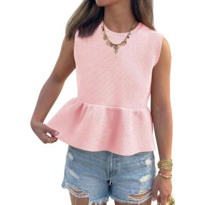 Saodimallsu Womens Peplum Tank Tops Ribbed Knit Babydoll Sleeveless Crop Tops Sweater Vest 2026 Country Concert Outfit(Pink)