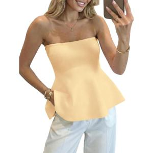 Saodimallsu Womens Peplum Tube Tops Sleeveless Strapless Bandeau Tank Top 2026 Summer Cute Ruffle Knit Sweater Vest(Beige)