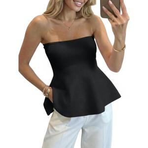 Saodimallsu Womens Peplum Tube Tops Sleeveless Strapless Bandeau Tank Top 2026 Summer Cute Ruffle Knit Sweater Vest(Black)