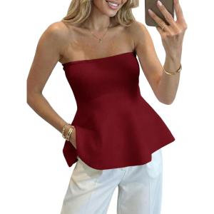 Saodimallsu Womens Peplum Tube Tops Sleeveless Strapless Bandeau Tank Top 2026 Summer Cute Ruffle Knit Sweater Vest(Burgundy)