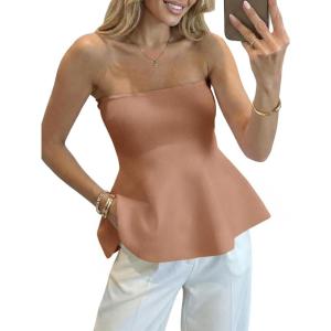 Saodimallsu Womens Peplum Tube Tops Sleeveless Strapless Bandeau Tank Top 2026 Summer Cute Ruffle Knit Sweater Vest(Khaki)