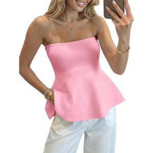 Saodimallsu Womens Peplum Tube Tops Sleeveless Strapless Bandeau Tank Top 2026 Summer Cute Ruffle Knit Sweater Vest(Pink)