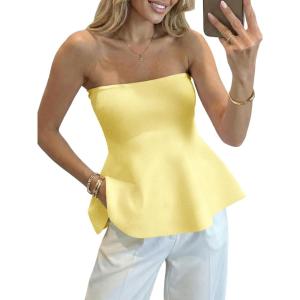 Saodimallsu Womens Peplum Tube Tops Sleeveless Strapless Bandeau Tank Top 2026 Summer Cute Ruffle Knit Sweater Vest(Yellow)