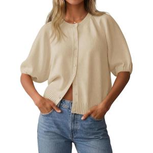 Saodimallsu Womens Puff Half Sleeve Cardigan Lightweight Knit 2026 Spring Summer Crew Neck Button Down Sweater Tops(Apricot)