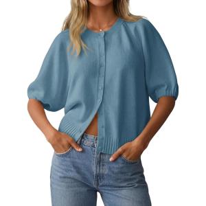 Saodimallsu Womens Puff Half Sleeve Cardigan Lightweight Knit 2026 Spring Summer Crew Neck Button Down Sweater Tops(Blue)