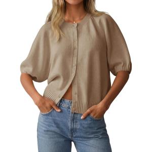 Saodimallsu Womens Puff Half Sleeve Cardigan Lightweight Knit 2026 Spring Summer Crew Neck Button Down Sweater Tops(Khaki)
