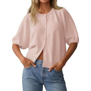 Saodimallsu Womens Puff Half Sleeve Cardigan Lightweight Knit 2026 Spring Summer Crew Neck Button Down Sweater Tops(Light Pink)