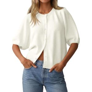 Saodimallsu Womens Puff Half Sleeve Cardigan Lightweight Knit 2026 Spring Summer Crew Neck Button Down Sweater Tops(White)