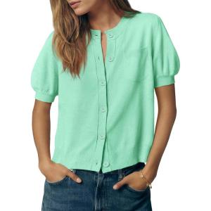 Saodimallsu Womens Puff Short Sleeve Cardigans Crew Neck Button Down Lightweight Casual Summer Knit Sweater Tops(Green)