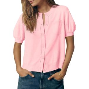 Saodimallsu Womens Puff Short Sleeve Cardigans Crew Neck Button Down Lightweight Casual Summer Knit Sweater Tops(Pink)