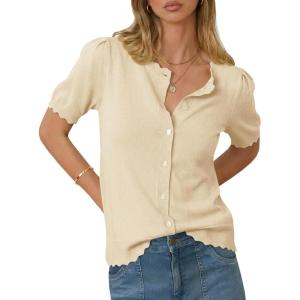 Saodimallsu Womens Puff Short Sleeve Cardigans Lightweight Button Down Shirts Crew Neck Casual Knit Sweater Tops(Beige)