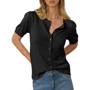 Saodimallsu Womens Puff Short Sleeve Cardigans Lightweight Button Down Shirts Crew Neck Casual Knit Sweater Tops(Black)