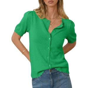 Saodimallsu Womens Puff Short Sleeve Cardigans Lightweight Button Down Shirts Crew Neck Casual Knit Sweater Tops(Green)