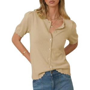 Saodimallsu Womens Puff Short Sleeve Cardigans Lightweight Button Down Shirts Crew Neck Casual Knit Sweater Tops(Khaki)