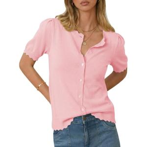 Saodimallsu Womens Puff Short Sleeve Cardigans Lightweight Button Down Shirts Crew Neck Casual Knit Sweater Tops(Light Pink)