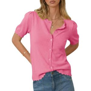 Saodimallsu Womens Puff Short Sleeve Cardigans Lightweight Button Down Shirts Crew Neck Casual Knit Sweater Tops(Pink)
