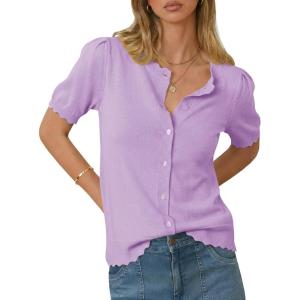 Saodimallsu Womens Puff Short Sleeve Cardigans Lightweight Button Down Shirts Crew Neck Casual Knit Sweater Tops(Purple)