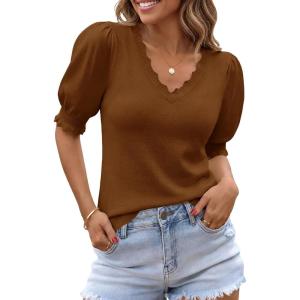 Saodimallsu Womens Puff Short Sleeve Sweater Tops V Neck Ruffle Trendy Casual Knit Pullover T Shirts Blouses(Coffee)