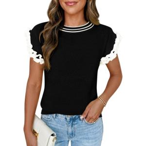 Saodimallsu Womens Ruffle Short Sleeve Sweaters Casual Crew Neck Color Block Loose Knit Summer Trendy Pullover Tops(Black)