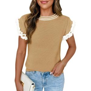 Saodimallsu Womens Ruffle Short Sleeve Sweaters Casual Crew Neck Color Block Loose Knit Summer Trendy Pullover Tops(Khaki)