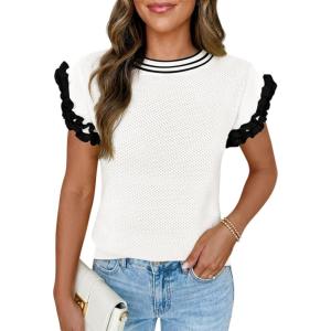 Saodimallsu Womens Ruffle Short Sleeve Sweaters Casual Crew Neck Color Block Loose Knit Summer Trendy Pullover Tops(White)