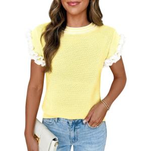 Saodimallsu Womens Ruffle Short Sleeve Sweaters Casual Crew Neck Color Block Loose Knit Summer Trendy Pullover Tops(Yellow)