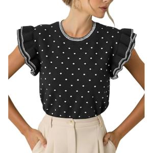 Saodimallsu Womens Ruffle Short Sleeve Sweaters Polka Dots Casual Crew Neck Flutter Sleeve Knit Summer Tops(Black)