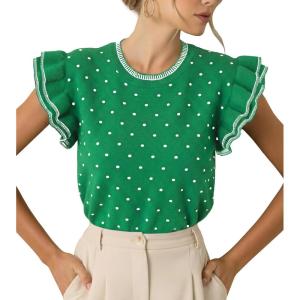 Saodimallsu Womens Ruffle Short Sleeve Sweaters Polka Dots Casual Crew Neck Flutter Sleeve Knit Summer Tops(Green)