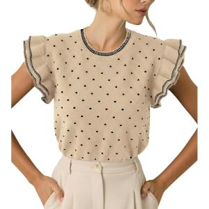 Saodimallsu Womens Ruffle Short Sleeve Sweaters Polka Dots Casual Crew Neck Flutter Sleeve Knit Summer Tops(Khaki)