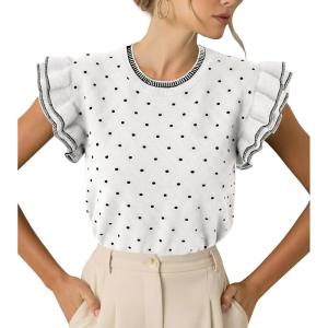 Saodimallsu Womens Ruffle Short Sleeve Sweaters Polka Dots Casual Crew Neck Flutter Sleeve Knit Summer Tops(White)