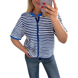 Saodimallsu Womens Short Sleeve Cardigans Lightweight Striped Button Down Crew Neck Spring Summer Sweater Tops(Dark Blue)