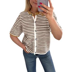 Saodimallsu Womens Short Sleeve Cardigans Lightweight Striped Button Down Crew Neck Spring Summer Sweater Tops(Khaki)