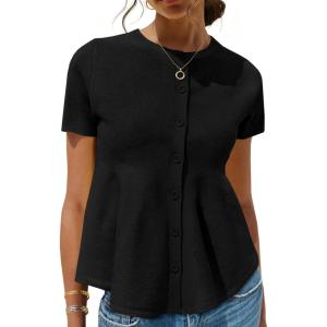 Saodimallsu Womens Short Sleeve Cardigans Ruffle Button Down Crew Neck Peplum Babydoll Knit Sweater Tops(Black)