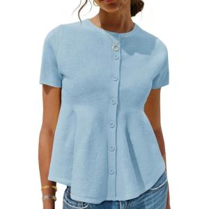 Saodimallsu Womens Short Sleeve Cardigans Ruffle Button Down Crew Neck Peplum Babydoll Knit Sweater Tops(Blue)