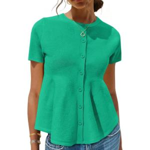 Saodimallsu Womens Short Sleeve Cardigans Ruffle Button Down Crew Neck Peplum Babydoll Knit Sweater Tops(Green)