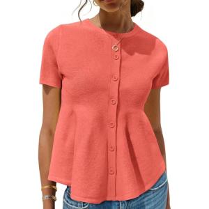 Saodimallsu Womens Short Sleeve Cardigans Ruffle Button Down Crew Neck Peplum Babydoll Knit Sweater Tops(Orange)