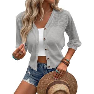 Saodimallsu Womens Short Sleeve Sheer Cardigans Lightweight Button V Neck Casual Knit Tops Summer Vacation Outfits(Dark Gray)