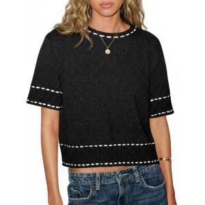 Saodimallsu Womens Short Sleeve Sweater Summer Cropped Sweaters Casual Crew Neck Pullover Lightweight Knit Tops(Black)