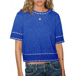 Saodimallsu Womens Short Sleeve Sweater Summer Cropped Sweaters Casual Crew Neck Pullover Lightweight Knit Tops(Blue)