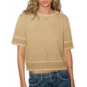 Saodimallsu Womens Short Sleeve Sweater Summer Cropped Sweaters Casual Crew Neck Pullover Lightweight Knit Tops(Khaki)