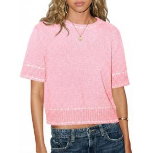 Saodimallsu Womens Short Sleeve Sweater Summer Cropped Sweaters Casual Crew Neck Pullover Lightweight Knit Tops(Pink)