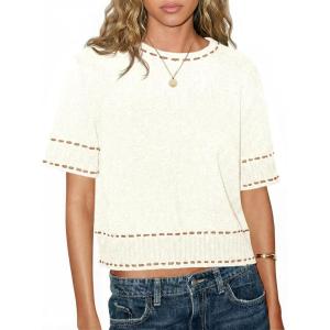 Saodimallsu Womens Short Sleeve Sweater Summer Cropped Sweaters Casual Crew Neck Pullover Lightweight Knit Tops(White)