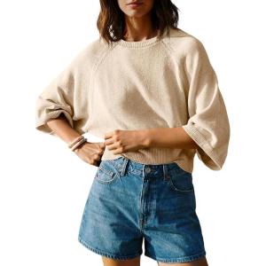 Saodimallsu Womens Short Sleeve Sweater Tops Summer Lightweight Knit Crew Neck Casual Loose Batwing Pullover Top(Apricot)