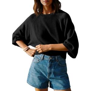 Saodimallsu Womens Short Sleeve Sweater Tops Summer Lightweight Knit Crew Neck Casual Loose Batwing Pullover Top(Black)