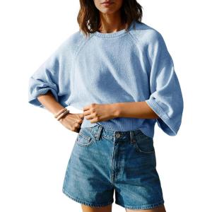 Saodimallsu Womens Short Sleeve Sweater Tops Summer Lightweight Knit Crew Neck Casual Loose Batwing Pullover Top(Blue)