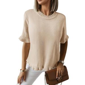 Saodimallsu Womens Short Sleeve Sweater Tops Summer Ruffle Casual Loose Fitting Crew Neck Knit Shirts(Apricot)