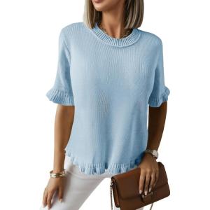 Saodimallsu Womens Short Sleeve Sweater Tops Summer Ruffle Casual Loose Fitting Crew Neck Knit Shirts(Blue)